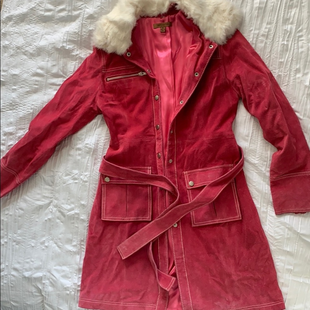 Pink Arden b jacket. Trimmed in fur.